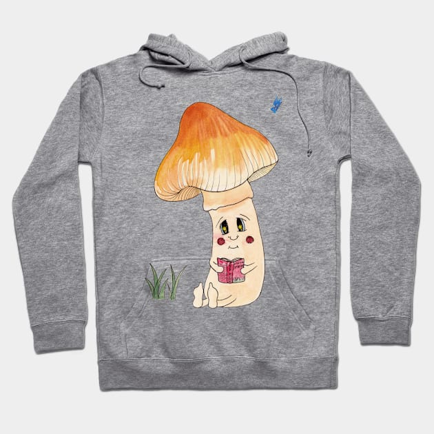 Cute Watercolor Reading Mushroom 3 Hoodie by ECMazur